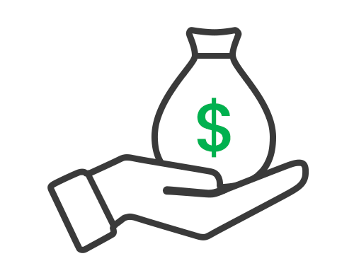 icon of a hand holding a bag of money with a USD symbol on it.