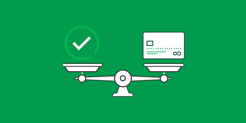Green background with an illustration of a scale and check icon