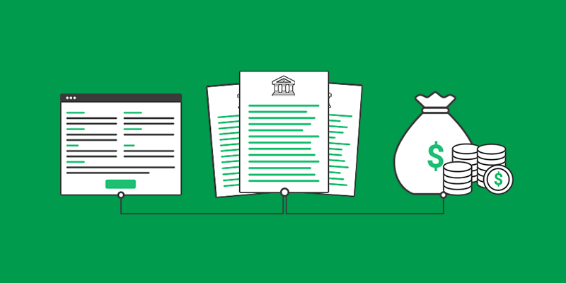 Green background with an illustration of a form, documents, and money