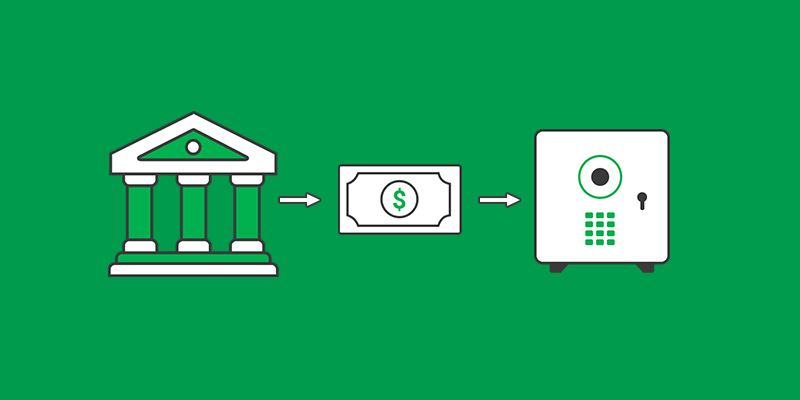 Green background with an illustration of a bank, cash and a secure box
