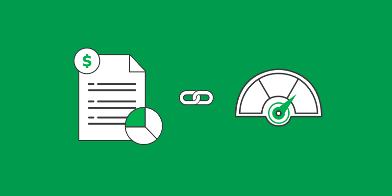 Green background with an illustration of a document and credit score meter