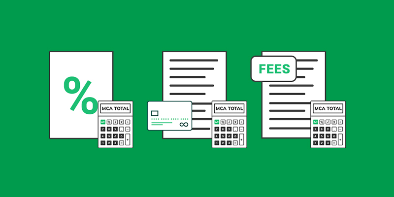 Green background with an illustration of a document with fees and document with credit card