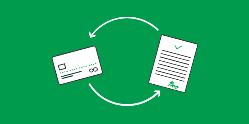 Green background with an illustration of a paper document and credit card