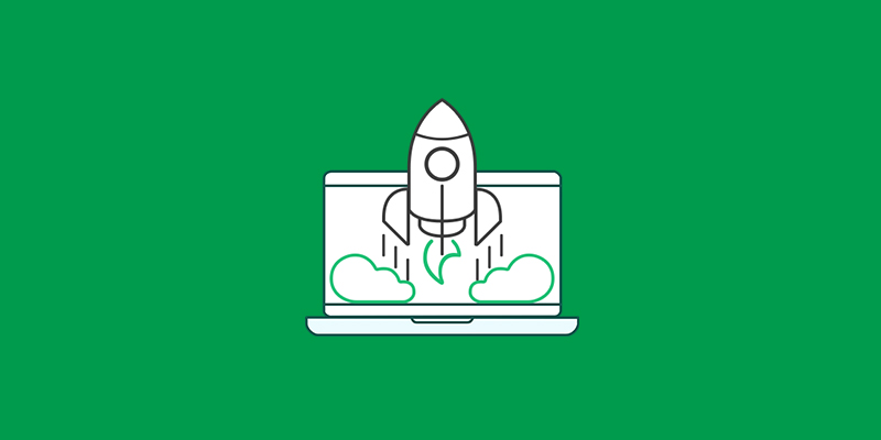 Green background with an illustration of a laptop and a rocket