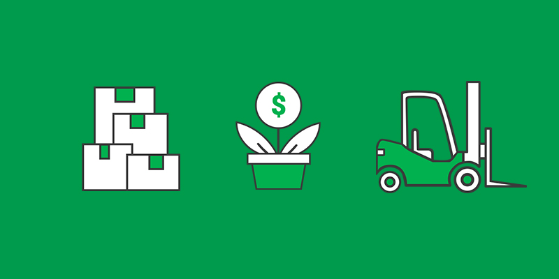 Green background with an illustration of a forklift, plant, and boxes