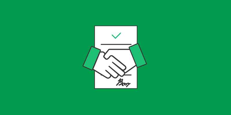 Green background with an illustration of a legal document and two shaking hands