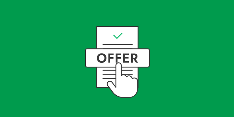 Green background with an illustration of an icon pointing to the document saying offer