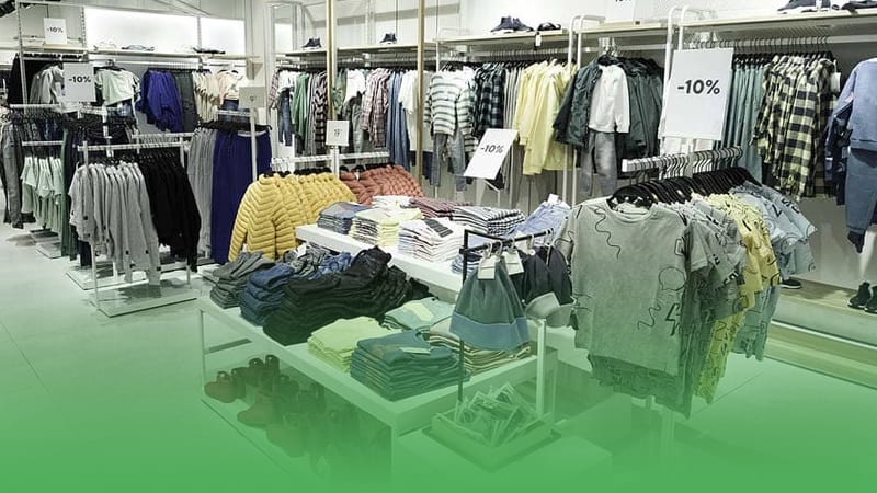 Display of clothes in apparel store showcasing various clothing options for customers.