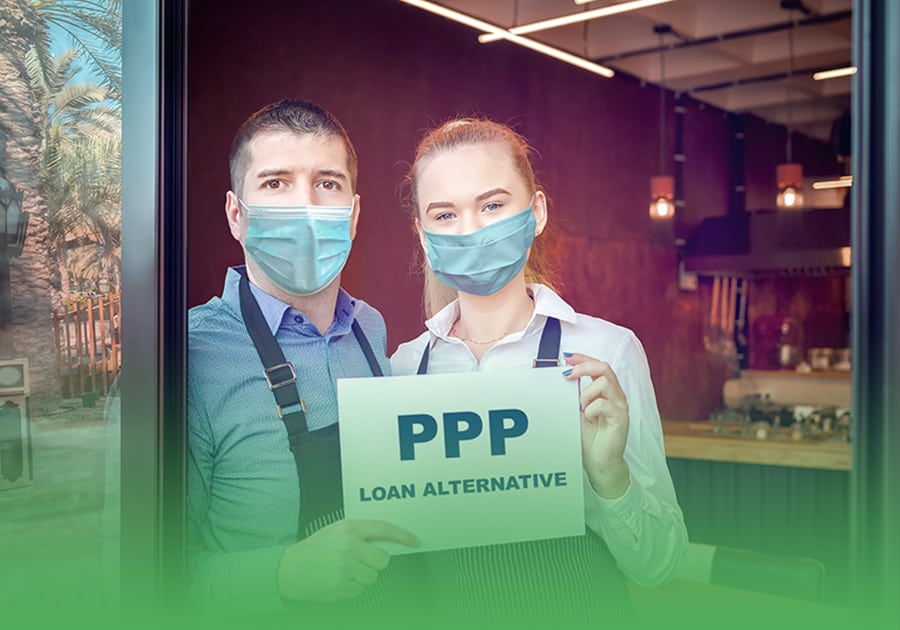 Business owner and employee hold sign reading "PPP loan alternative."